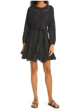 RARE $595 RHODE ELLA FLOWY BLACK EYELET MINI DRESS SIZE L